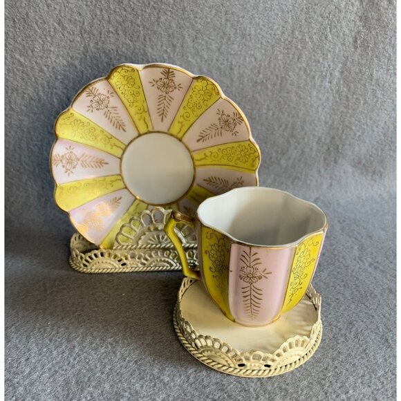 Pink and Yellow with Gold Accents Tea Cut and Saucer set Japan - Picture 11 of 11